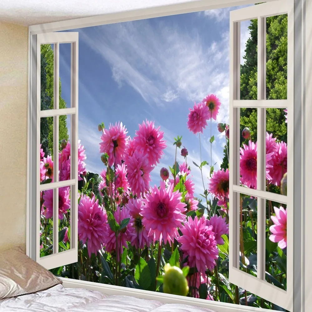 

Flower Outside The Window Printed 3D Wall Tapestry Mandala Tree Trippy Scenery Boho Decor Dorm Living Room Wall Hanging Tapestry