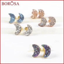 BOROSA 5 пар Новых Дизайн золото Цвет Луна Природный кристалл Druzy Титан смесь цветов Drusy серьги стержня для Для женщин девочек G0913