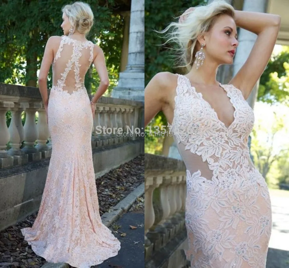 Abendkleider Top Fashion 2015 Vintage Prom Dresses Sexy Sheath V Neck Court Train Lace Applique Sheer Back Evening Ss53_bridalk | Свадьбы и