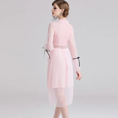 Fashion Sweet Girls Pink Lace Mesh Patchwork Pleated Dresses Women s Flare Sleeve Hollow Out Princess Party Dress Fashion Sweet Girls Pink Lace Mesh Patchwork Pleated Dresses Women s Flare Sleeve Hollow Out Princess Party Dress