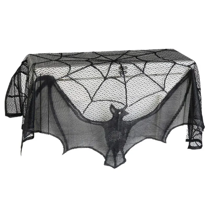 

Halloween Black Lace Bat Pattern Spider Web Chimney Coat Scarf Cover Creepy Curtains Shades Decoration