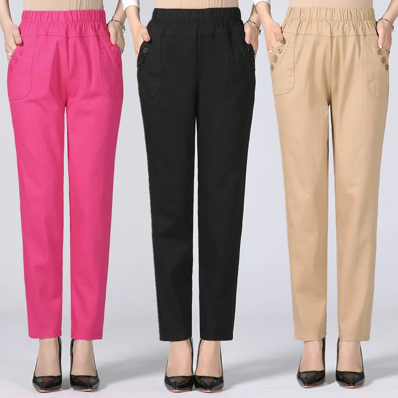 

Fashion Elastic Waist Womens Pants Female Spring Autumn Quinquagenarian Casual Solid Color Mother Trouser Plus Size 5XL