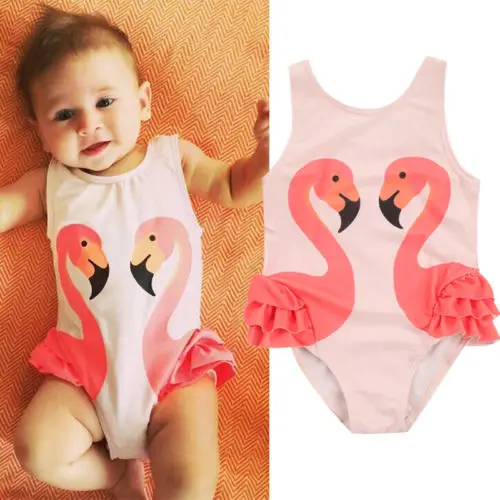 

Girls Kids Double Swans Ruffles Swimwear One Piece Children Swimsuit Cotton Beachwear Bathing Suit 0-5Y