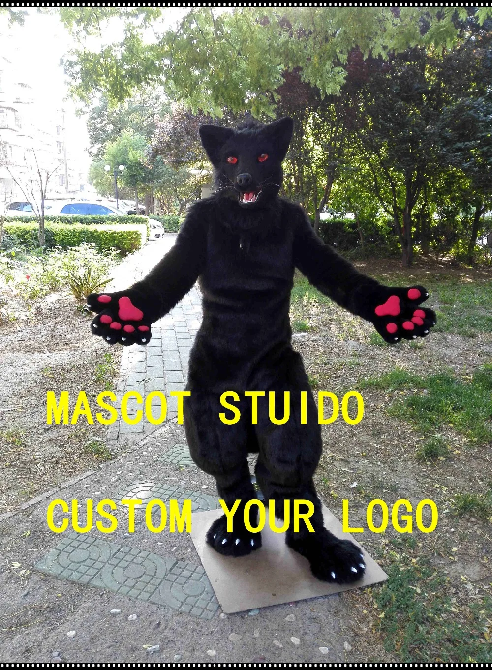 

black wolf fursuit move jaw digigrade leg 3d following eyes dog fursuit mascot costume for sale open commissions 41986