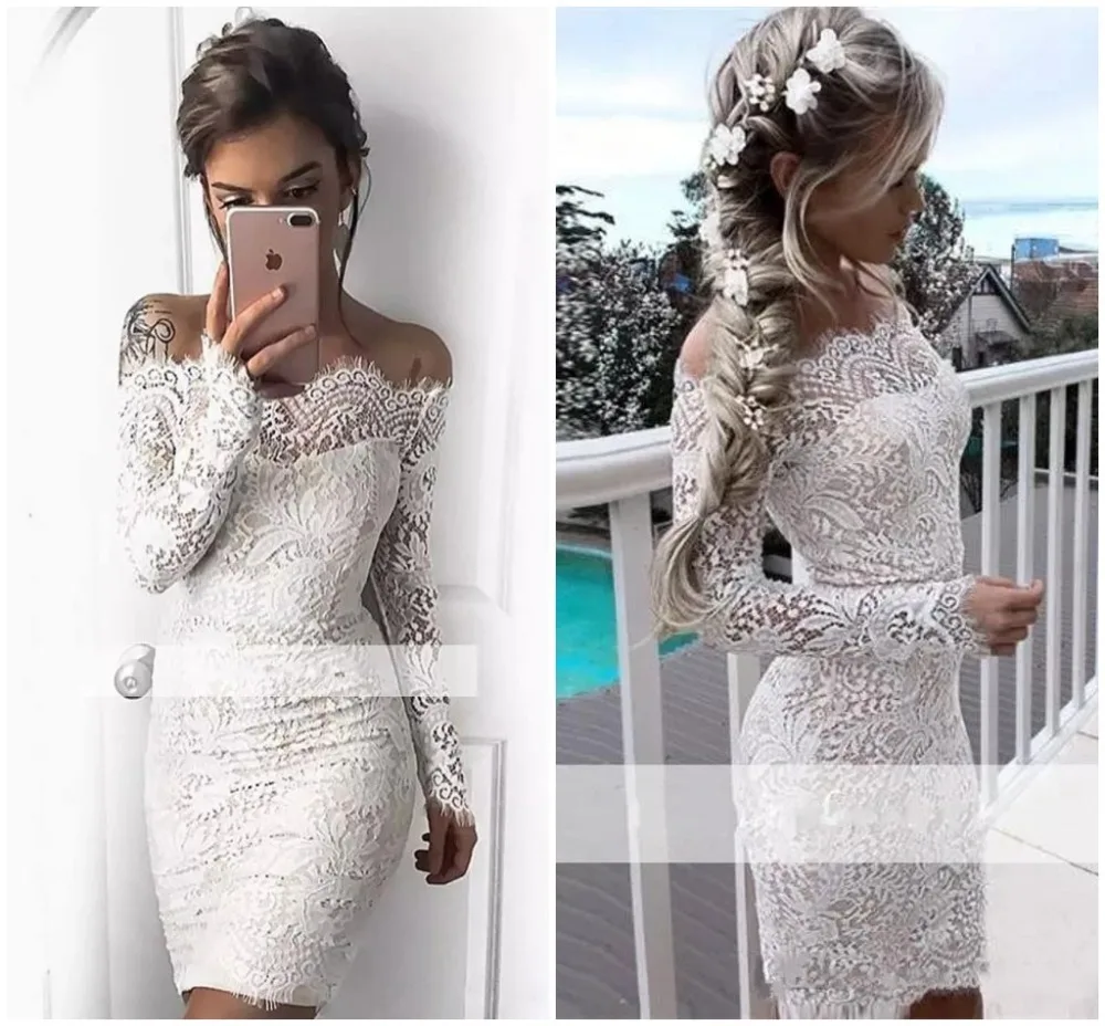 

White Plus Size Mermaid Long Sleeve Short Evening Prom Dress 2019 Cocktail Dresses