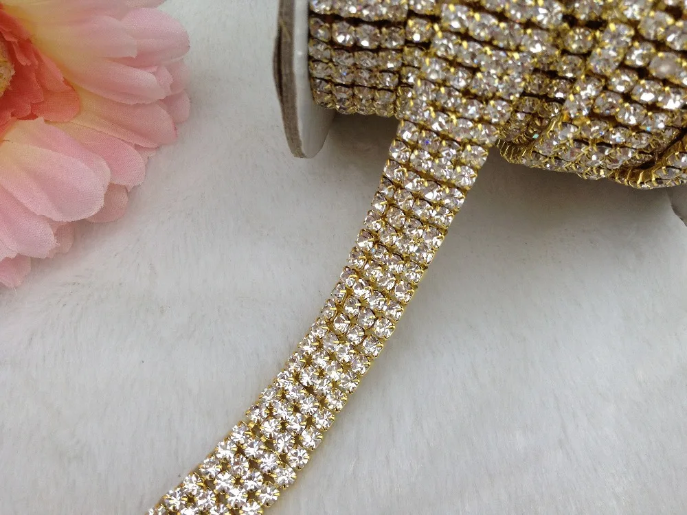 Free Shipping 4 Rows 4mm 888 Rhinestone Gold Chain Cake Ribbon Trim ...