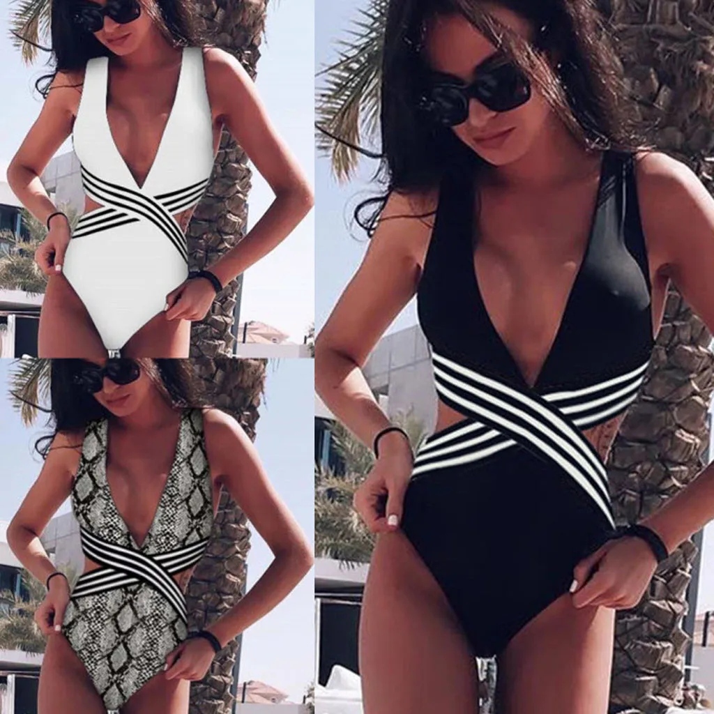 

Sexy Women Patchwork One-Piece Bikini Push-Up Padded Striped Print Swimwear Cross Bandage One-piece Swimsuit Backless Beachwear
