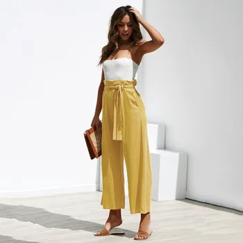 

2019 New women's hot selling four-color band with wide legs spring and summer leisure trousers pantalones mujer cintura alta