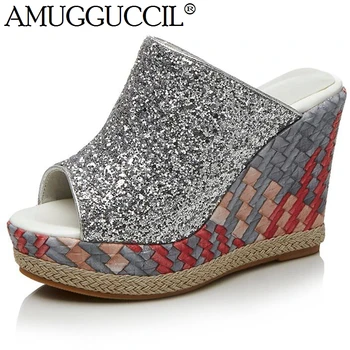 

2020 New Plus Big Size Black Silver Fashion Sexy High heel Platform Summer Party Girls Lady Women Wedges Sandals Slippers L1145
