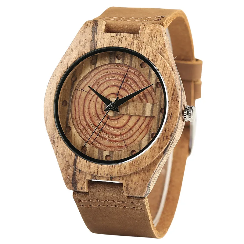 Creative Brown Bamboo Growth Ring Natural Handmade Men Quartz Wrist Wooden Watches Genuine Leather Band Sports Clock Gifts