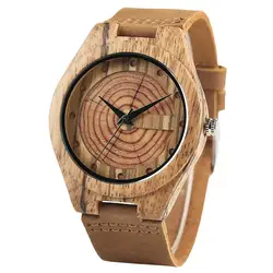 Творческих коричневый бамбук кольцо рост Природные ручной Для мужчин кварцевые наручные деревянные часы натуральная кожа Группа