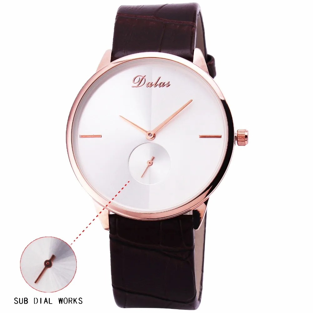 

Clearance! 2017 DALAS Men Women Quartz Watch Leather Watchband Working Sub-dial Gold Case Male Female Wristwatch Gift for Lover