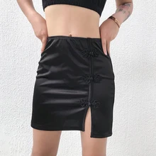 Новинка, летняя сексуальная сатиновая юбка в китайском стиле, Женская однотонная короткая юбка с разрезом и пряжкой