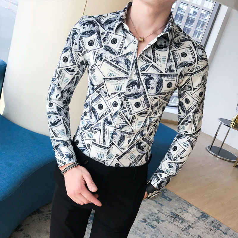 

Autumn hairstylist, British Dollar printing shirt, men's long sleeves slim, Korean character printing, tight 304B-1.P55