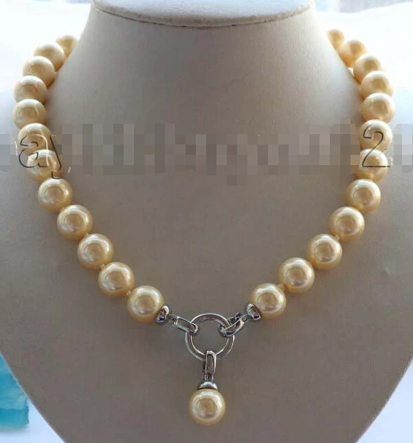 

shipping18" Natural 12mm Golden Round Shell Pearl Necklace Pendant #f1618!