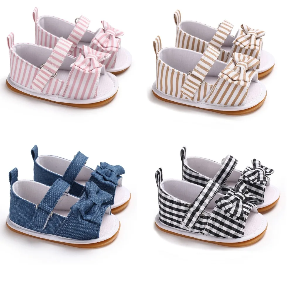 

2019 Newdesign Baby Girl Gingham Or Stripe Butterfly-knot Hook & Loop Flat Heel Summer Sandals For (0-18) Months Baby