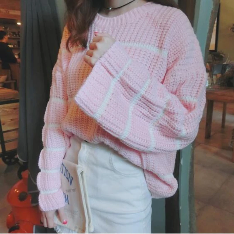 

Winter Korea Women New crop Top long sleeve pullover candy hit color stripes moon embroidery Harajuku knit pink Sweater