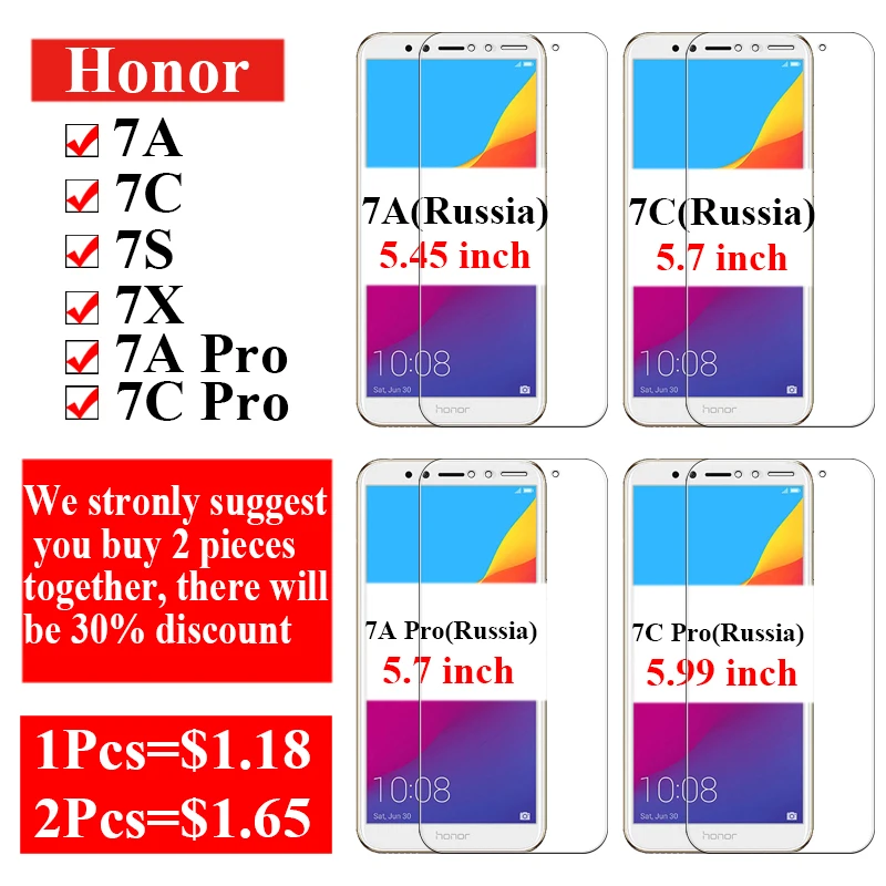 Защитное стекло для huawei honor 7a pro, защита экрана 7c, 7x7 s, закаленное стекло, 7 a, c, x s, защитная пленка huway honer tremp cam