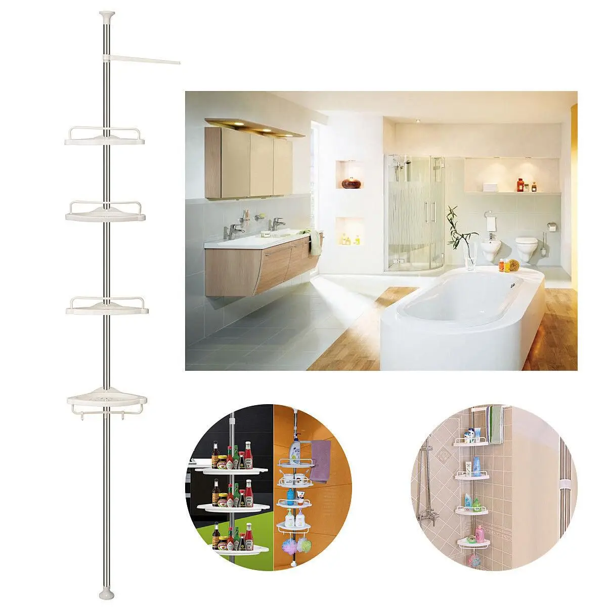Günstige Xueqin 4 Tier Einstellbare Teleskop Badezimmer Ecke Dusche Regal Rack Caddy Veranstalter Edelstahl + PP 192 310cm weiß