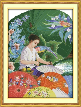 

Girl Making the Umbrellas Portrait Cotton Cross stitch kits Aida Accurate Printed Embroidery DIY Handmade Needlework Home Decor