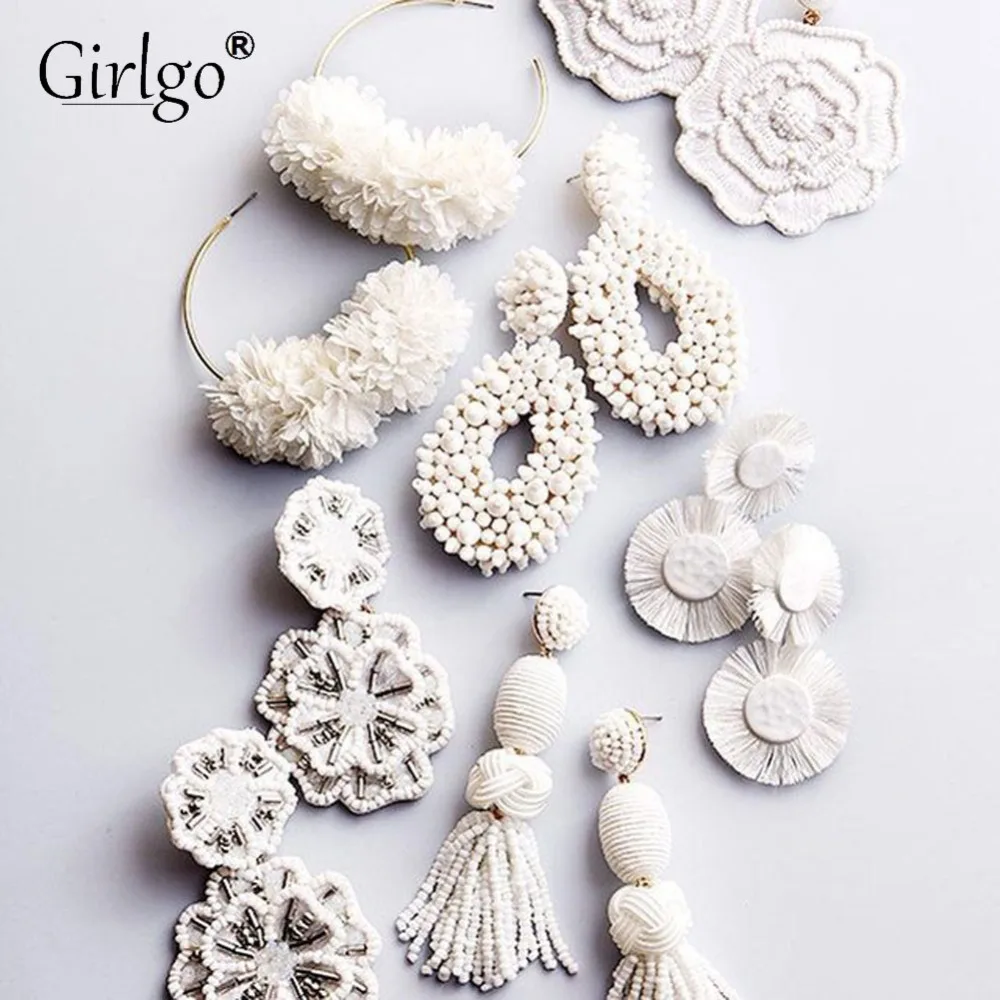

Girlgo Boho 32 Designs Handmade Trendy Beads White Color Drop Earrings For Women Romantic Dangle Earrings Engagement Jewelry