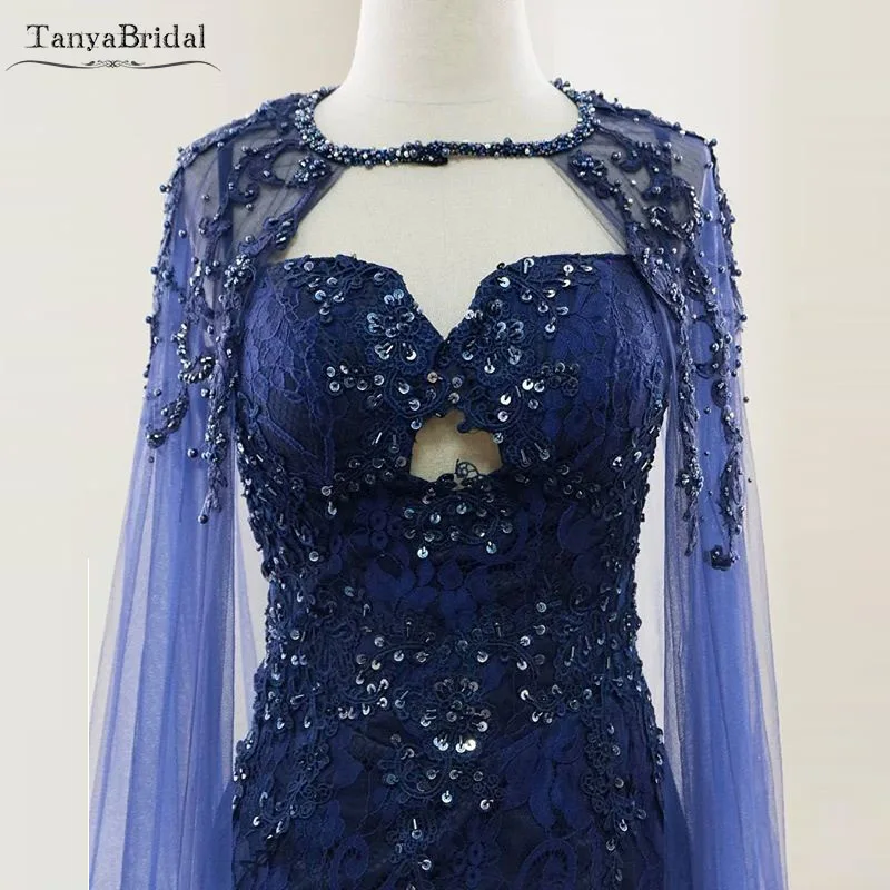 Blue Tulle Wedding Cape Gorgeous Beaded Pearls Lace Elegant Women Formal shawl Long Jacket DJ010