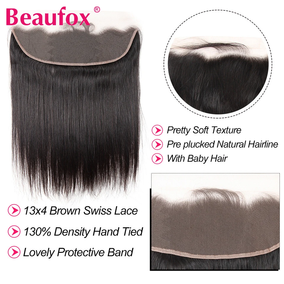 Beaufox Human Hair Bundles With Frontal Indian Straight 3 Bundles With Closure 13x4 Lace Frontal Natural Color Hair Extensions (1)