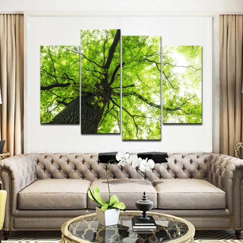

4 Panel Combined Green Tree Canvas Printing Natural Landscape Wall Art Canvas Print Painting for Living Room Wall Decor Unframed