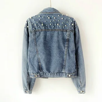 

Girls Plus Size 3xl 4xl 5xl Women Coat Light Blue Teenager Jacket with Beads Loose Cowgirl Tops Spring Denim Jacket Female Hot