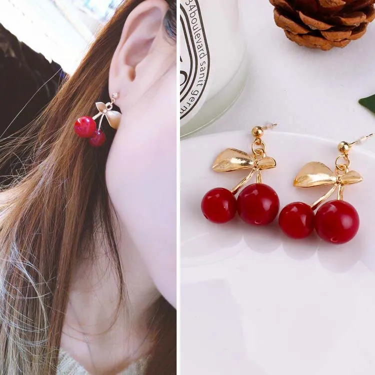 

2018 New Fashion Jewelry Lovely Cute Red Cherry Blossoms Flower Golden Leaves Cherry drop Earrings For Women Earrings Pendientes