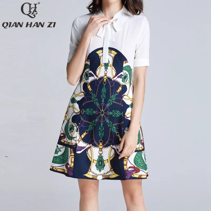 

Qian Han Zi Newest Designer fashion summer dress 2019 Women's bow collar pattern print Vintage Slim A-Line Dress