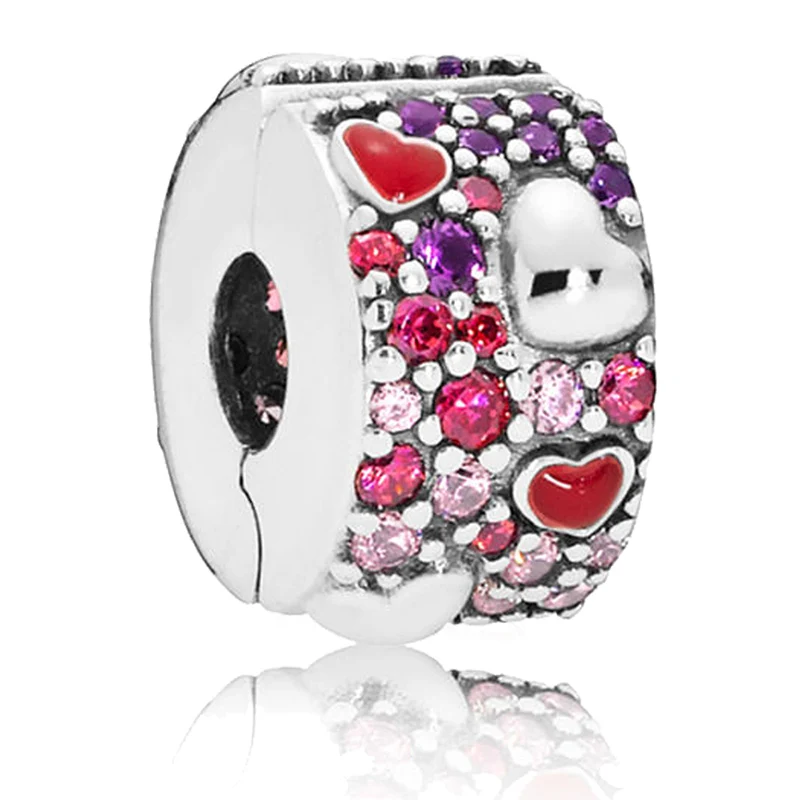 

925 Sterling Silver Beads fit Pandora Silver 925 Original Bracelet Asymmetric Hearts Of Love With Crystal Clip Stopper Beads