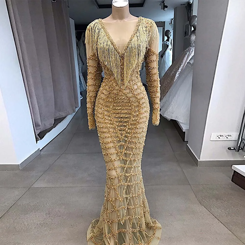 Высококачественные золотые стразы Русалка Вечерние платья с длинным рукавом официальное платье конкурс YQLNNE