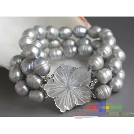 

Free shipping >>>>>>3row 8" 13mm rice gray Freshwater cultured pearl bracelet p2876
