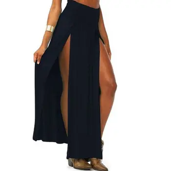 

Womens High Waist Sexy Double Slit Front Open Knit Maxi Long Skirt Solid Color Pleated Irregular Hem Beach Bikini Cover Up
