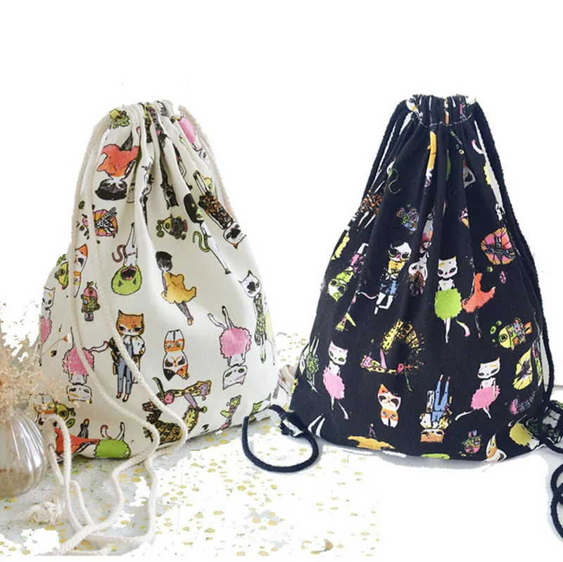 Cute Cat Pattern Women's Backpack Handmade Canvas Drawstring Bag