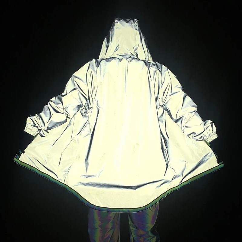 

ABOORUN Men's Fashion Long 3M Reflective Jackets Hip Hop Reflective Hooded Jackets Windbreaker Waterproof Coat for Male R850