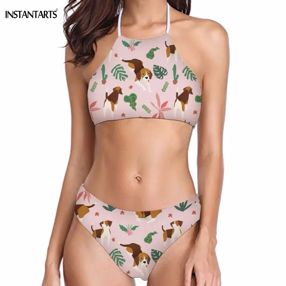 

INSTANTARTS Tropical Beagle/Pug/Corgi Dog Print Woman High Neck Bikini Set Brazilian Beach Swimsuits Halter Swimwear for Women
