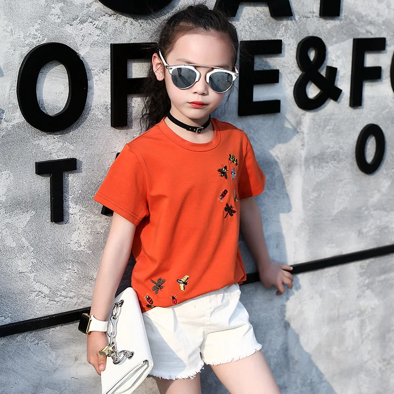 

2017 new summer girls embroidered short-sleeved shirt casual children's bottom shirt T-shirt 3-12 years old baby girl clothes
