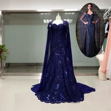 Benutzerdefinierte Stil Schatz-nixe Kristall Lange Abendkleider 2017 mit Cape Schal Dark Blue Prom Kleider Robe de Soiree FE60