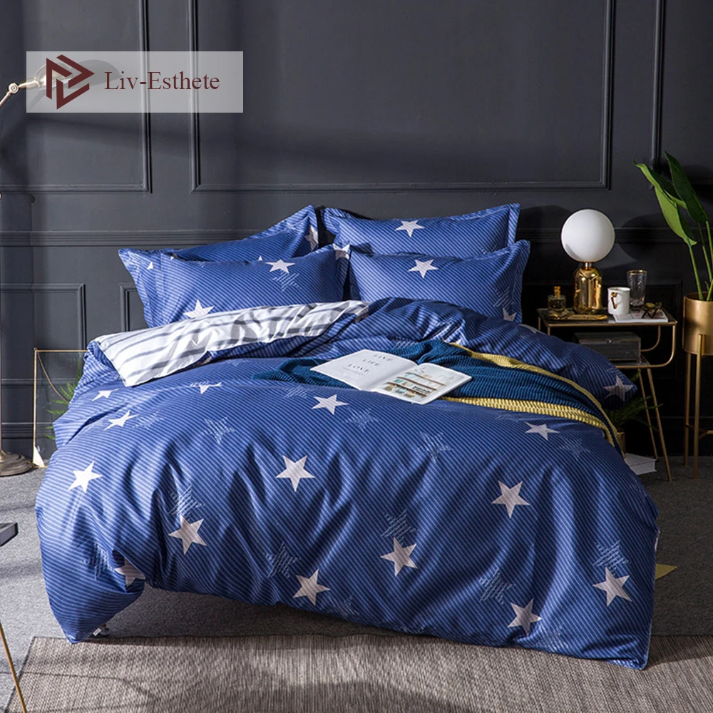 

Liv-Esthete Fashion Star Blue Bedding Set Color Duvet Cover Flat Sheet Bedclothes Single Double Queen King Bed Linen For Adult