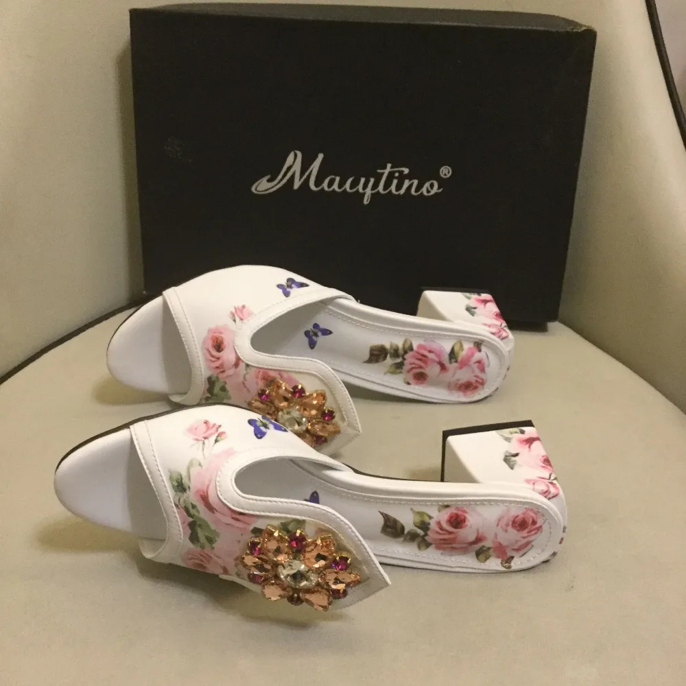 Newest Flower Printed Chunky Sandals Deep Toe Crystal High Heel Slipper Hot Sell Women Shoes Summer
