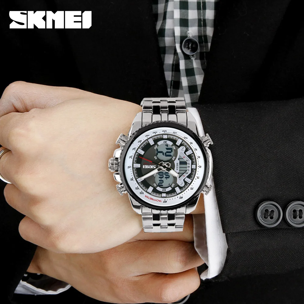  SKMEI Men Sport Watches Led Analog-Digital Wristwatch Waterproof Stainless Steel Watch Fashion Casu
