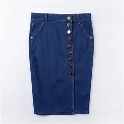 Женская джинсовая юбка средней длины с высокой талией, однобортные джинсовые юбки трапециевидной формы, женские Облегающие юбки до колена