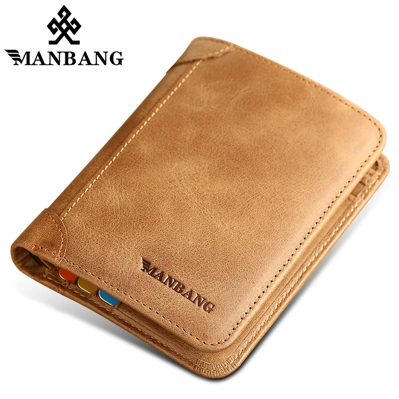

Manbang Vintage Men Wallets Genuine Leather Slim Bifold Cowhide Purse Brand Wallet Card Holder