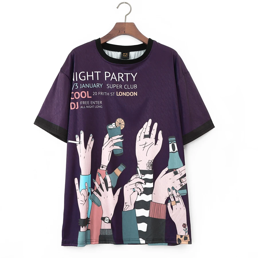 

Harajuku T Shirt Women Casual Fashion Summer Crop Top Print Hand Painted t-shirt loose tshirt female tops O Neck Purple tees