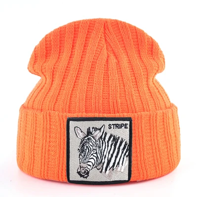 Вязаные шапки бини для мужчин Осень Зима Skullies бини с вышивкой нашивка-Зебра модная вязанная шляпа для женщин хип-хоп Gorras - Цвет: Orange