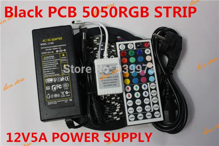 #Best Flexible Black PCB version Waterproof 5050 RGB LED Strip 5M 300 Led SMD 44 Keys IR Remote Controller 12V 5A Power Adapter
