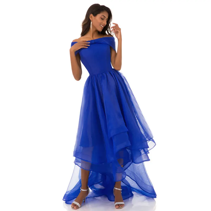 Новое поступление элегантные длинное платье для выпускного вечернее платье high-low вырезом лодочкой торжественное платье из органзы Простой синее платье