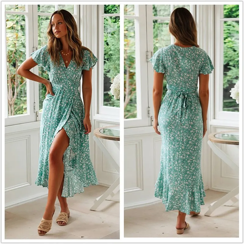

2019 Summer New Women Floral Print Ruffled Sashes Dress Sexy V-Neck Irregular Maxi Long Dress Plus Size Women Vestidos Verano